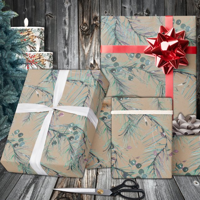 Rustic Kraft Blue Spruce Träd Nål & Berries Presentpapper (Rustic Kraft Blue Spruce Tree Needles & Berries Wrapping in 6 and 15 foot long 30 Inch Width Rolls
)