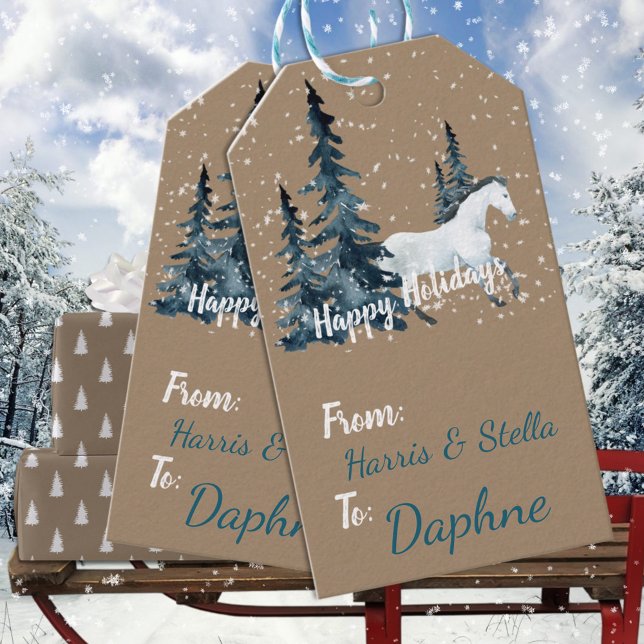 Rustic Kraft Blue Spruce Woodland White Horse Presentetikett (Rustic Kraft Blue Spruce Woodland White Horse Christmas Holiday Gift Wrapping Name Tag)