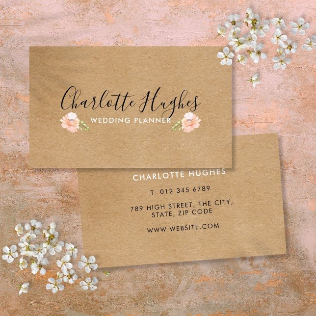 Rustic Kraft Boho Namnteckning Ro Blommigt Motif Visitkort (Rustic Kraft Boho Signature Rose Floral Motif Business Card)