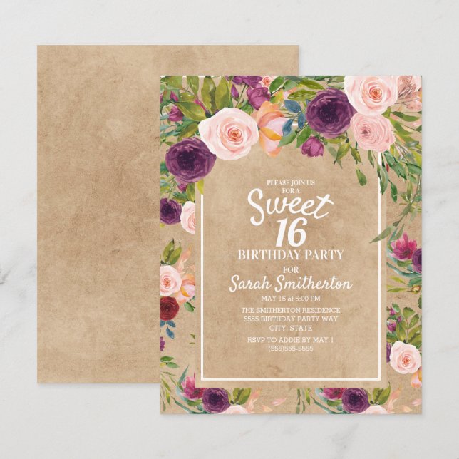 Rustic Kraft Boho Plum  Blommigt Sweet 16 Inbjudningar (Fram/baksida)