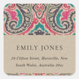 RUSTIC KRAFT BOHO TRIBAL IKAT ROSA TEAL ADRESS FYRKANTIGT KLISTERMÄRKE