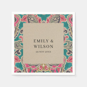 RUSTIC KRAFT BOHO TRIBAL IKAT ROSA TEAL BRÖLLOP N PAPPERSSERVETT