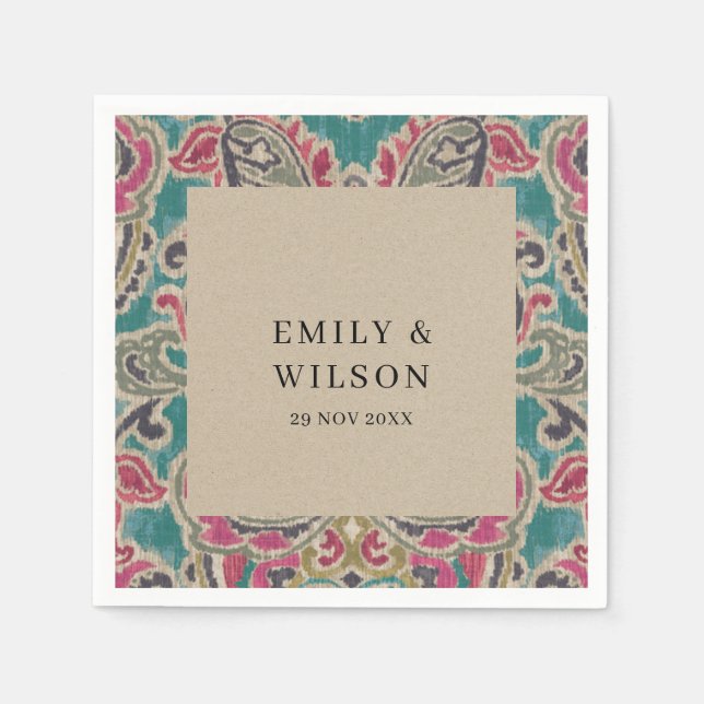 RUSTIC KRAFT BOHO TRIBAL IKAT ROSA TEAL BRÖLLOP N PAPPERSSERVETT (Framsidan)