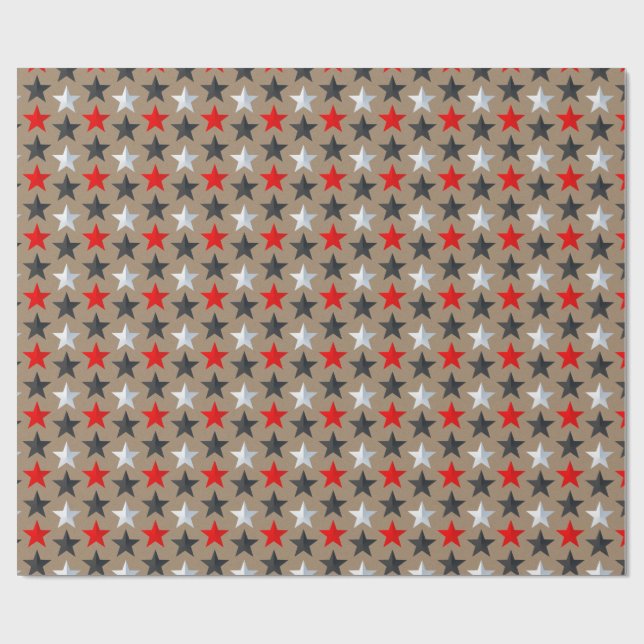 Rustic Kraft Bright Black Red Silver Stars Presentpapper (Platt)