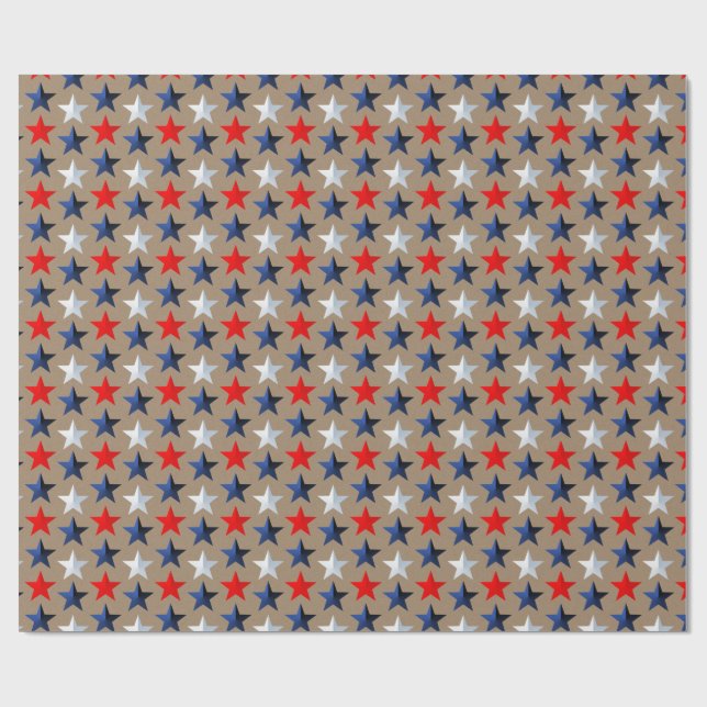 Rustic Kraft Bright Red White & Blue Stars Presentpapper (Platt)