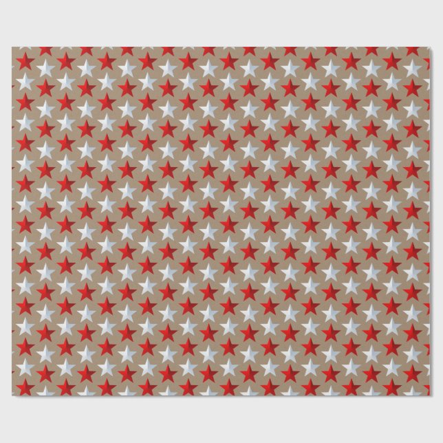 Rustic Kraft Bright Red White Stars Presentpapper (Platt)