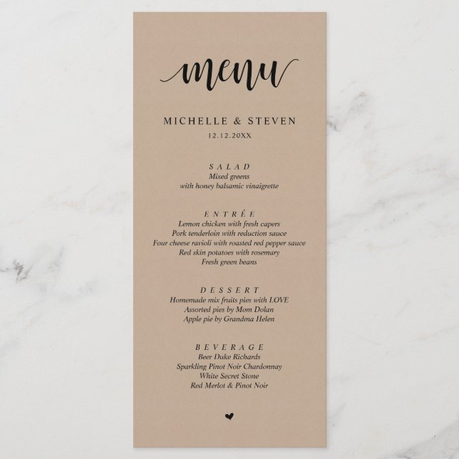 Rustic Kraft Bröllop Elopement Dinner Menu Meny (Framsida)