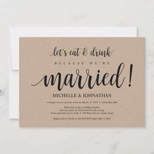 Rustic Kraft Bröllop Elopement Reception Inbjudan (Framsida)