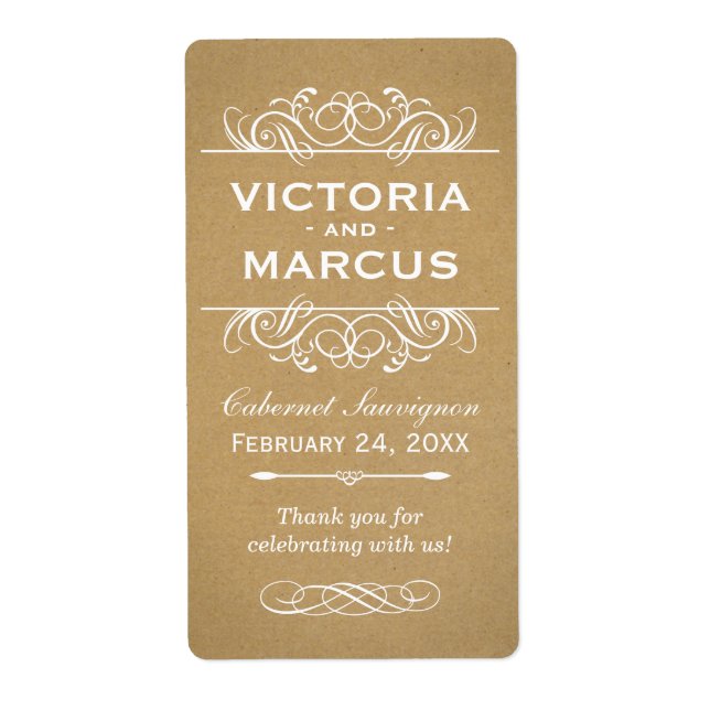 Rustic Kraft Bröllop Monogram Vin Flaska-favor Fraktsedel (Framsidan)
