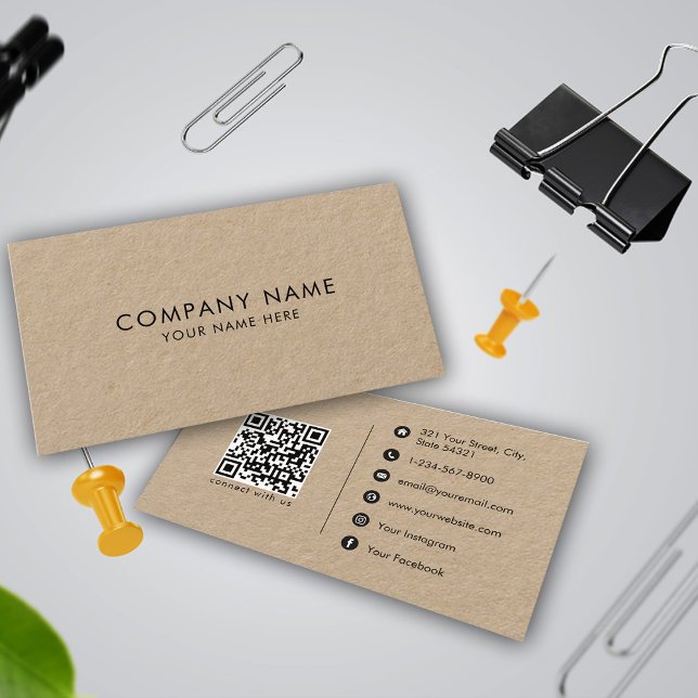 Rustic Kraft Brown Minimalist Social Media QR-kod Visitkort (Skapare uppladdad)