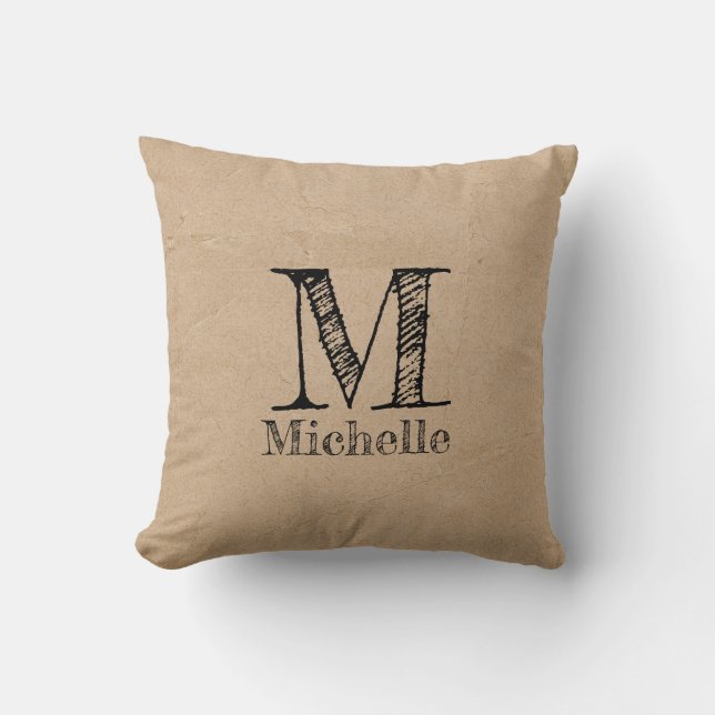 Rustic Kraft Brown Papper look Monogram Kudde (Framsida)