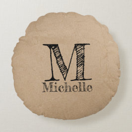 Rustic Kraft Brown Papper look Monogram Rund Kudde