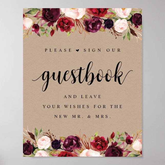 Rustic Kraft Burgundy Blommigt Bröllop Guestbook Poster (Framsidan)