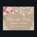 Rustic Kraft Burk Ljus Rosa Blommigt Spara datum Meddelande Vykort<br><div class="desc">Rustic Kraft String Ljus Mason Burk Snöre Watercolor Rosa  Blommigt Spara vykortet - utskrivet bakåt</div>