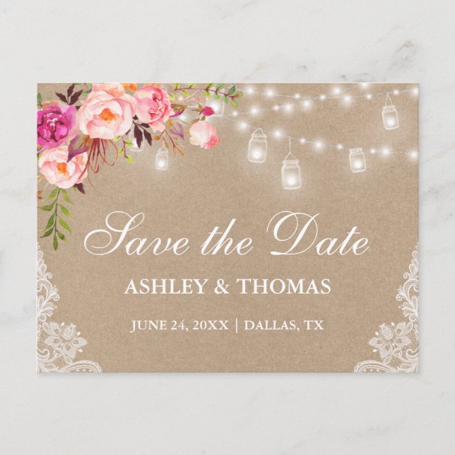 Rustic Kraft Burk Ljus Rosa Blommigt Spara datum Meddelande Vykort (Framsida)