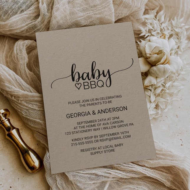 Rustic Kraft Calligraphy Baby BBQ Inbjudningar (Skapare uppladdad)
