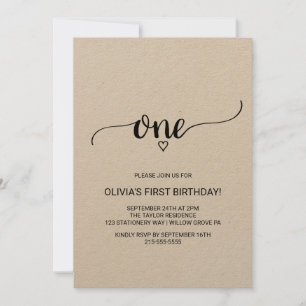 Rustic Kraft Calligraphy First Birthday Inbjudningar