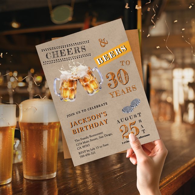 Rustic Kraft Cheers & Öl alla åldrar Inbjudningar (Rustic Kraft Cheers & Beers Any Age Birthday Invitation )
