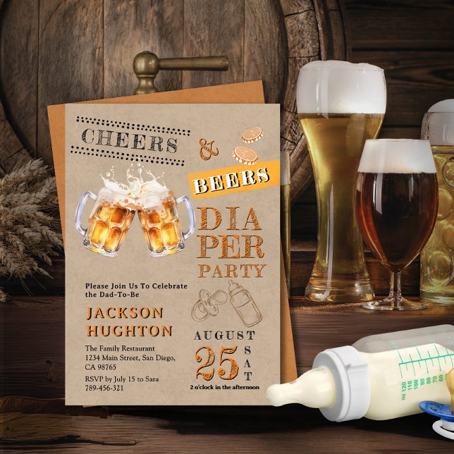 Rustic Kraft Cheers & Öl Diaper Party Inbjudningar (Rustic Kraft Cheers & Beers Diaper Party Invitation)