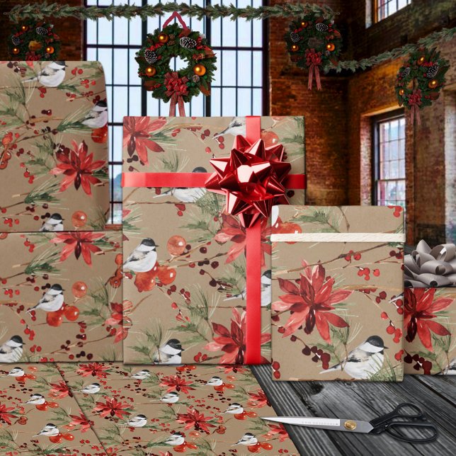 Rustic Kraft Chickadees Red Berries & Poinsettias Presentpapper (Rustic Kraft Chickadees Red Berries & Poinsettias Christmas Holiday Gift Wrapping Rolls )