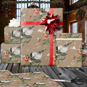 Rustic Kraft Chickadees Spruce Sprigs Red Berries Presentpapper