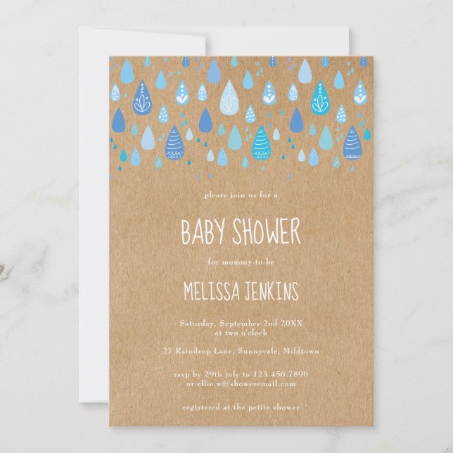 Rustic Kraft Cute Blue Raindrops Boy Shower Inbjudningar (Framsida)