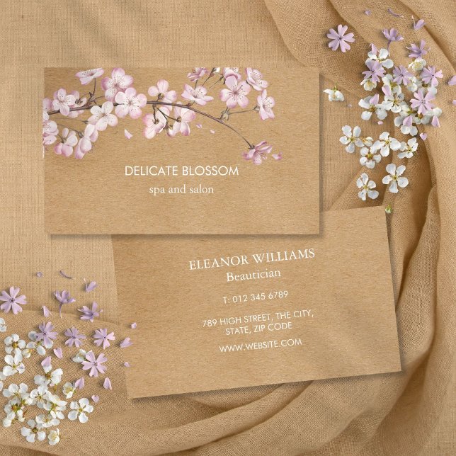 Rustic Kraft Delikate Rosa Blommar Blommigt Visitkort (Rustic Kraft Delicate Pink Blossom Floral Business Card)