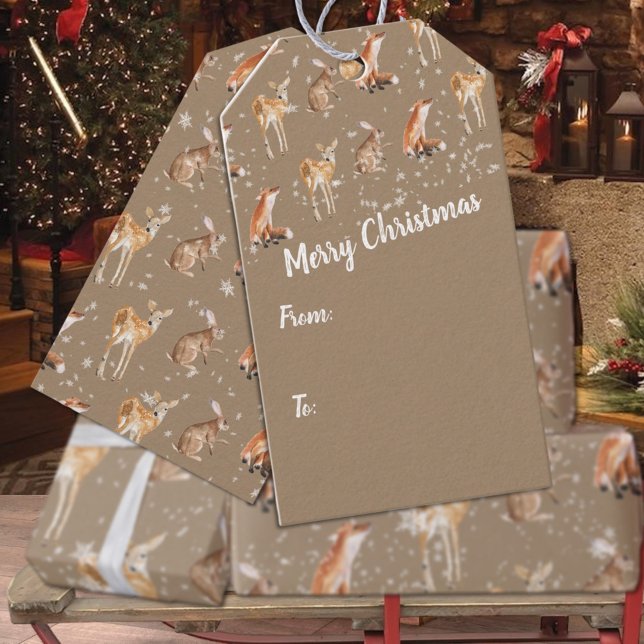 Rustic Kraft Elegant Snowy Winter Animals Helgdag Presentetikett (Rustic Kraft Elegant Snowy Winter Animals Christmas Holiday Gift Tags)