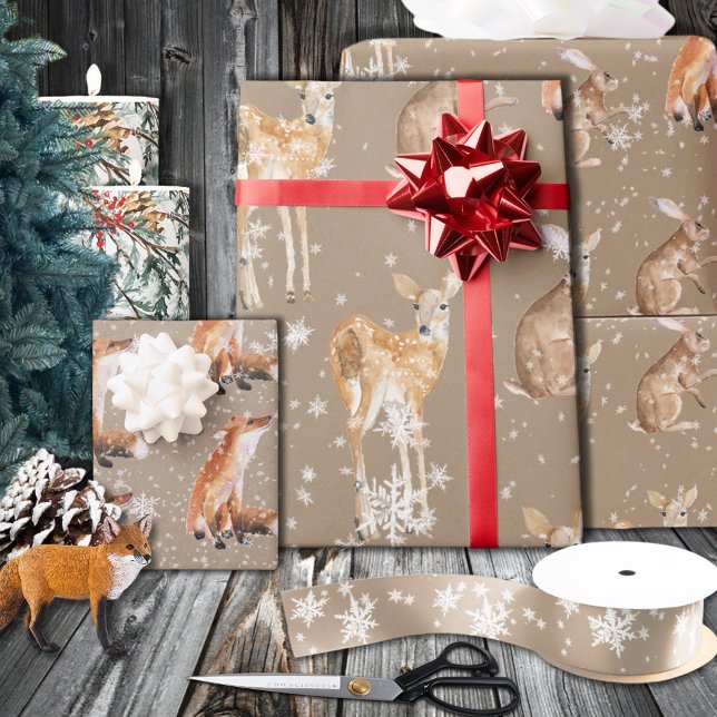 Rustic Kraft Elegant Winter Animals Large  Presentpapper (Rustic Kraft Elegant Snowy Winter Animals Wrapping Paper Rolls)