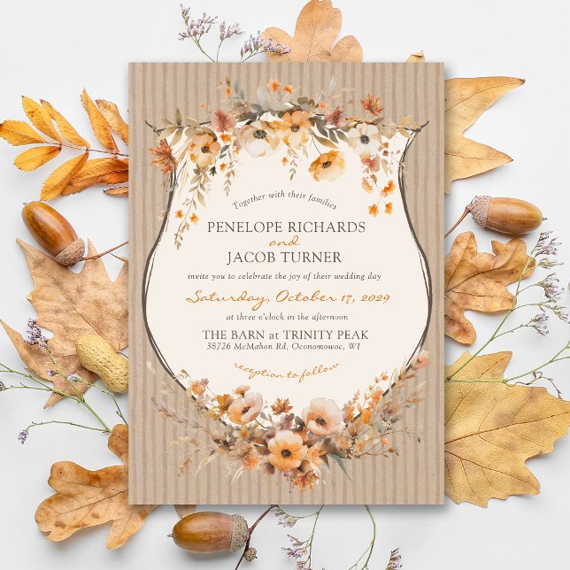 Rustic Kraft Fall Floral Autumn Leaf Brown Wedding Inbjudningar (Skapare uppladdad)