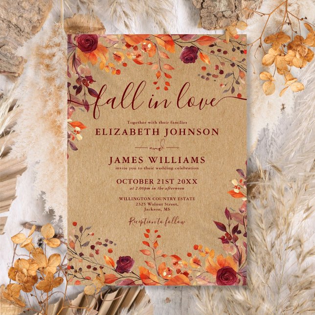Rustic Kraft faller i Kärlek hösten Blommigt Bröll Inbjudningar (Rustic Kraft Fall In Love Autumn Floral Wedding Invitation)