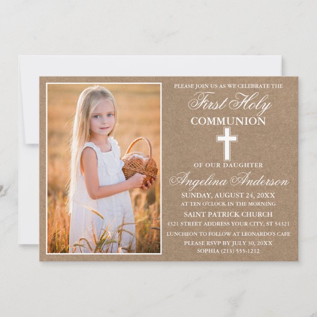 Rustic Kraft First Heliga Communion Photo Inbjudningar (Framsida)