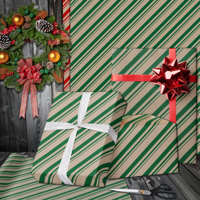 Rustic Kraft Forest Grönt Candy Rand Helgdag Presentpapper (Forest Green Candy Cane Stripe Holiday Wrapping Paper Rolls in 6 and 15 foot rolls.)