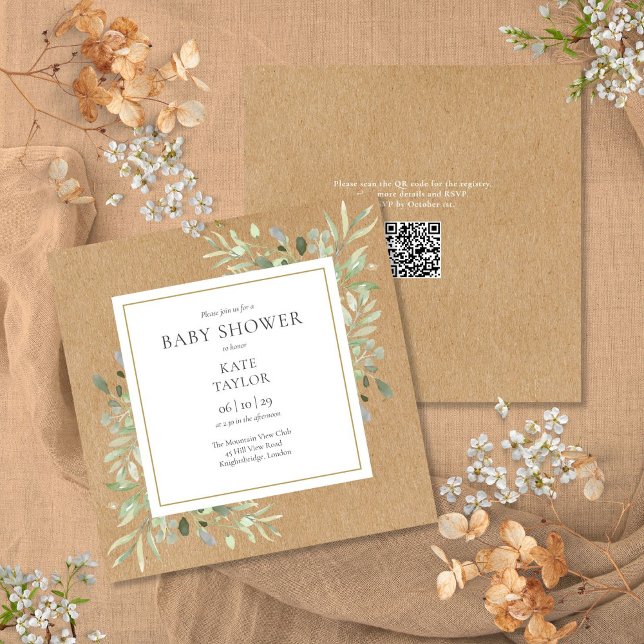 Rustic Kraft Greenery Neutralt QR-kod Babykläder Inbjudningar (Rustic Kraft Greenery Neutral QR Code Baby Shower Invitation)