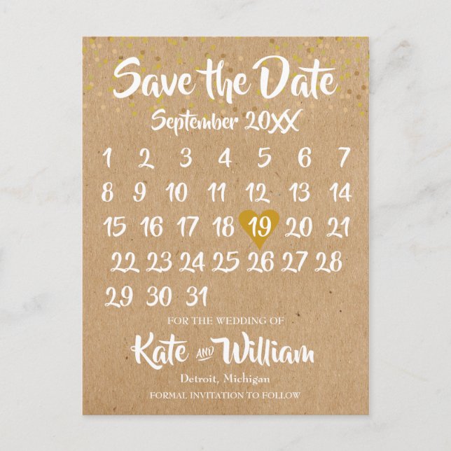 Rustic Kraft Guld Heart Calendar Spara datumet Meddelande Vykort (Framsida)