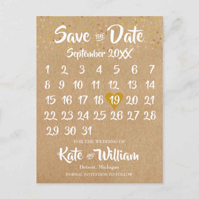 Rustic Kraft Guld Heart Calendar Spara datumet Vykort (Framsida)