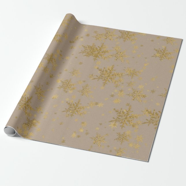 Rustic Kraft Guld Snöflingor Presentpapper (Utrullad)
