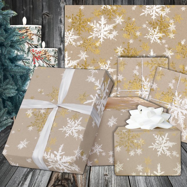 Rustic Kraft Guld & White Snöflingor Presentpapper (Rustic Kraft Gold & White Snowflakes Wrapping Paper In 6 & 15 Foot Long 30 Inch Width Rolls)