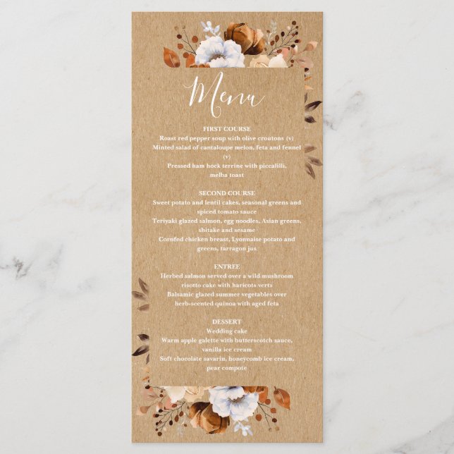 Rustic Kraft Hösthösten Blommigt Bröllop Meny (Framsida)