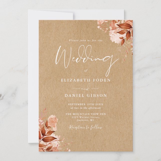 Rustic Kraft Hösthöstens Blommigt QR-koden Bröllop Inbjudningar (Framsida)