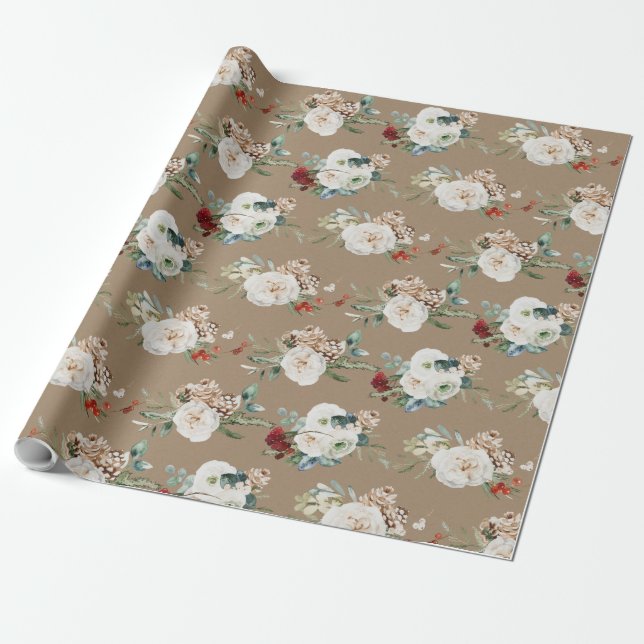 Rustic Kraft julblommor Sprigs & Berries Presentpapper (Utrullad)