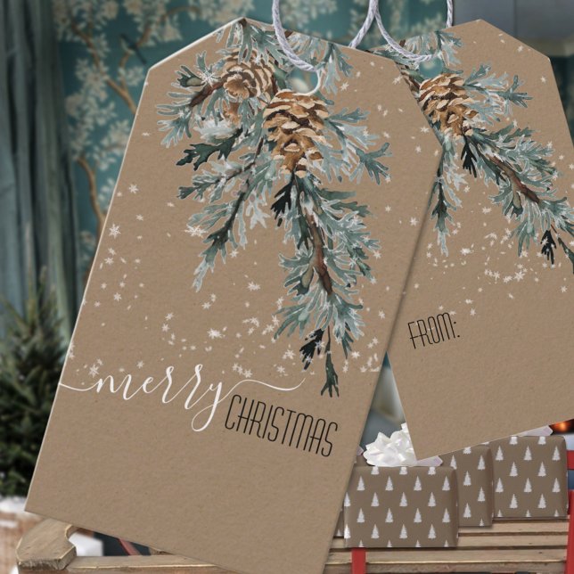 Rustic Kraft Juniper Bough & Cones God jul Presentetikett (Rustic Kraft Juniper Bough & Cones Merry Christmas Holiday Gift Wrapping Name Tag
)