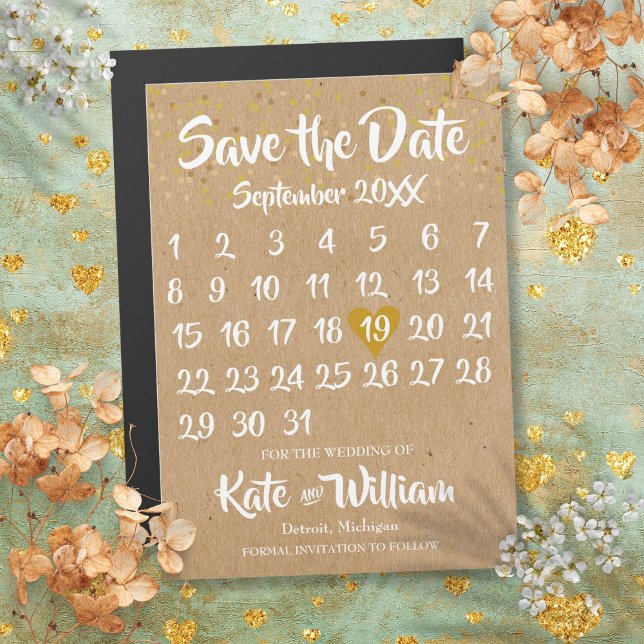 Rustic Kraft Kärlek Heart Calendar Spara datumet Magnetisk Inbjudningskort (Rustic Kraft Love Heart Calendar Save the Date Magnetic Invitation)