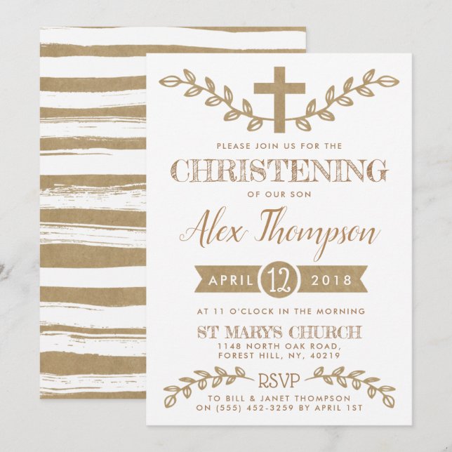Rustic Kraft Kor & Foliage Christening Inbjudningar (Fram/baksida)