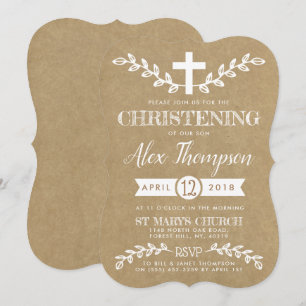 Rustic Kraft Kor & Foliage Christening Inbjudningar
