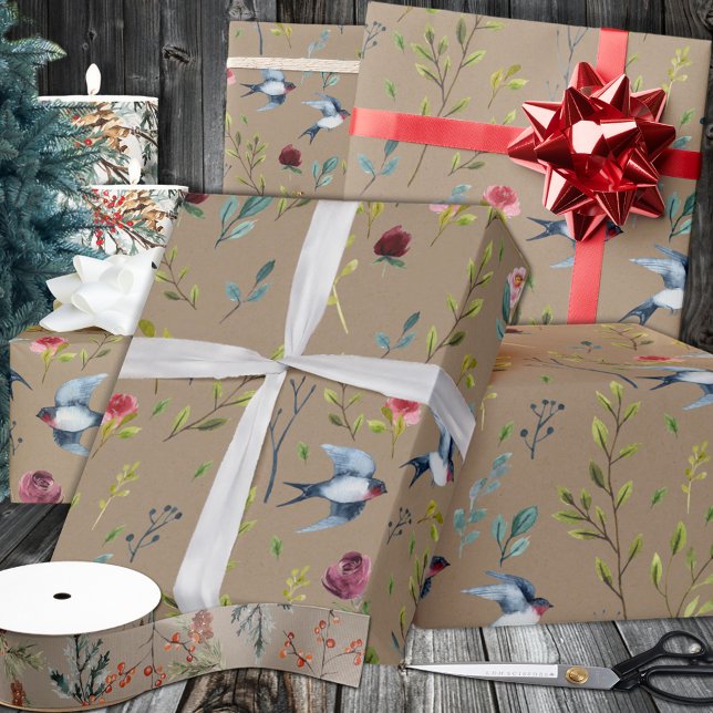 Rustic Kraft Lila Martins Birds Winter Garden Presentpapper (Rustic Kraft Purple Martins Birds Winter Garden Wrapping in 6 and 15 foot long 30 Inch Width Rolls
)