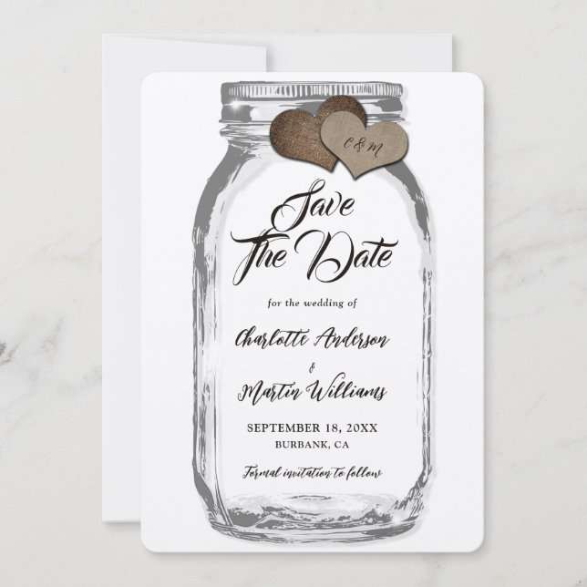 Rustic Kraft Mason Burk Burlap Hearts Bröllop Spara Datumet (Framsida)