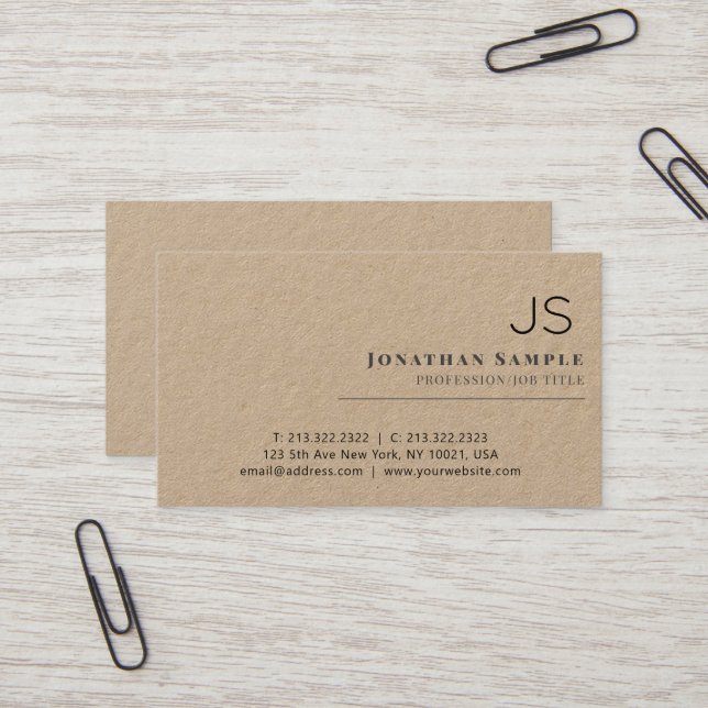 Rustic Kraft Minimalist Beige Monogrammed Monogram Visitkort (Fram/Back In Situ)