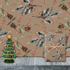 Rustic Kraft Mixed Spruce Gräs Cones Red Berries Presentpapper