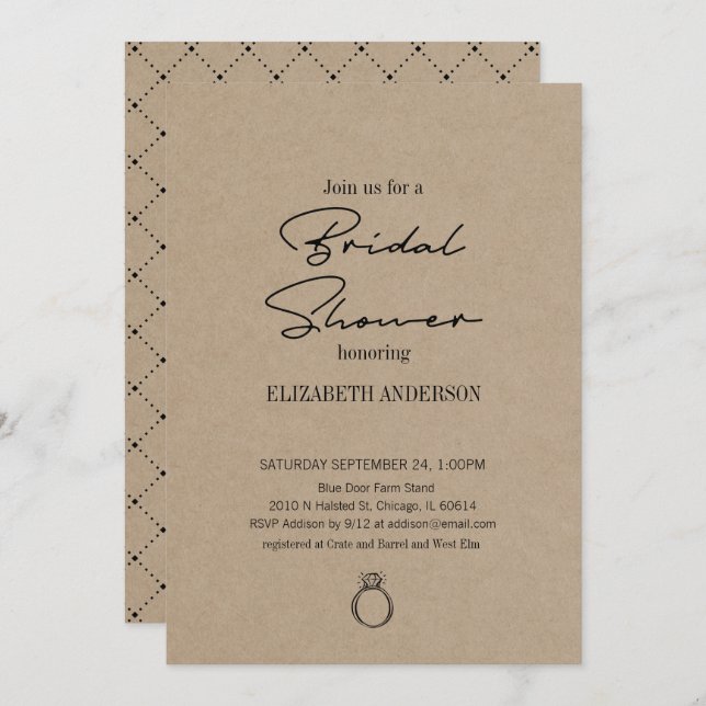 Rustic Kraft Modern Script med Ring Möhippa Inbjudningar (Fram/baksida)